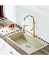 Flynama Spring Double Handles Deck Mount Pull Out Sprayer Kitchen Faucet with Clean Water Outlet