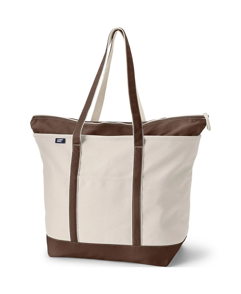 Lands' End Extra Large Natural 5 Pocket Zip Top Long Handle Canvas Tote Bag