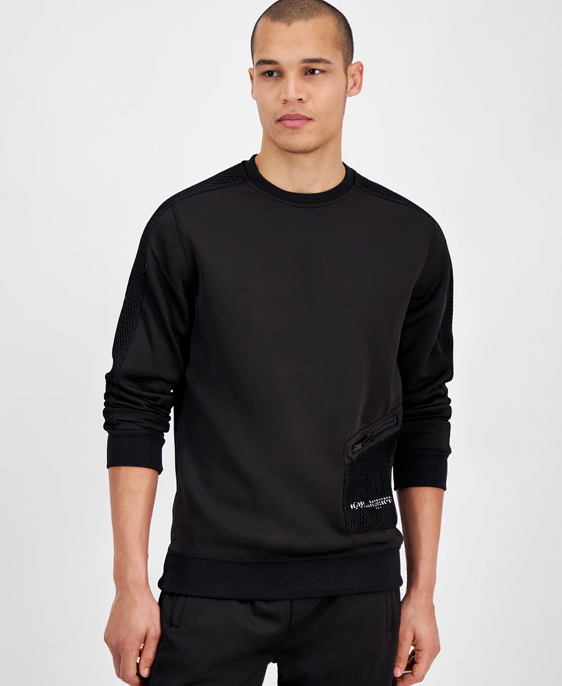 Karl Lagerfeld Paris Men's Slim Fit Scuba Crewneck Long Sleeve Mesh Pocket Sweatshirt