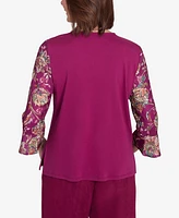 Alfred Dunner Women's Wine Country Embroidered Floral Sleeve Split Neck Top