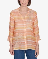 Alfred Dunner Women's Scottsdale Warm Stripe Floral Embroidered Top