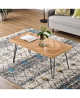 Slickblue Modern Coffee Table with Chevron Pattern - Easy Assembly Tea and Cocktail Table with Metal Hairpin Legs, Ash Wood Finish for Living Room