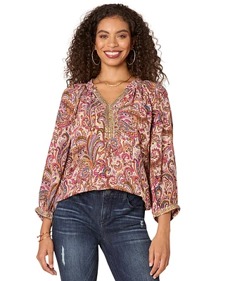 Democracy Petite Split-Neck Ruffled Blouse