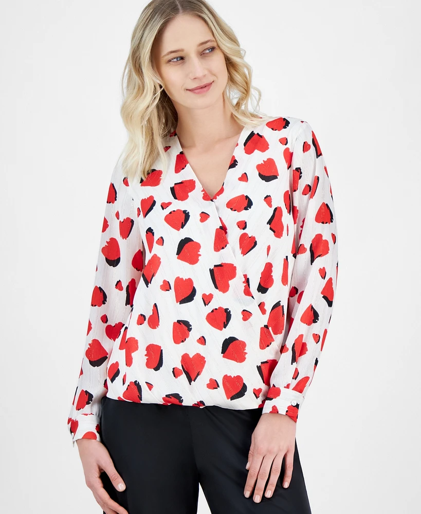 T Tahari Women's Heart-Print Faux-Wrap Long-Sleeve Blouse