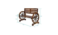 Slickblue Rustic 2-Person Wooden Wagon Wheel Bench – Slatted Seat and Backrest, Brown Finish