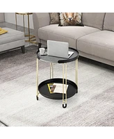Gymax 2PCS 2-Tier Side End Table Round Nightstand Gold Frame for Living Room