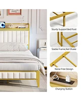 gaomon Full Size Bed Frame with Storage Headboard and Charging Station, Metal Platform Bed Frame with Led Lights