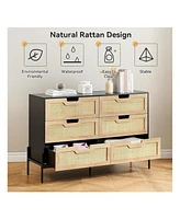 gaomon 6 Drawers Dresser For Bedroom, Natural Rattan Drawer With Spacious Storage, Wood Chest Of Drawers With Metal Legs For Bedroom, Living Room, Hal