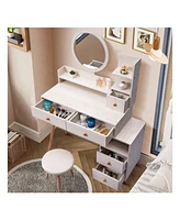 gaomon Stylish Bedroom Vanity Table With Cushioned Stool, Touch Control Led Mirror, 5 Drawers, Multiple Open Shelves