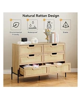 gaomon 6 Drawers Dresser For Bedroom, Natural Rattan Drawer With Spacious Storage, Wood Chest Of Drawers With Metal Legs For Bedroom, Living Room, Hal