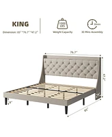 gaomon King Bed Frame with Upholstered Wingback Headboard, Luxurious Linen Upholstery Platform Charging Station