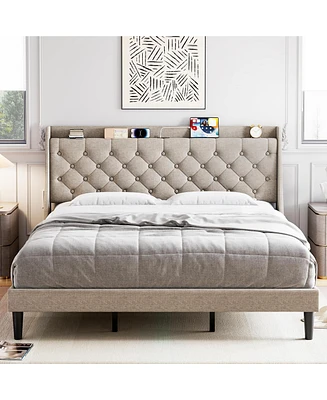 gaomon King Bed Frame with Upholstered Wingback Headboard, Luxurious Linen Upholstery Platform Charging Station