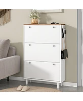 Slickblue Narrow Shoe Cabinet with 3 Flip Drawers & Wood Grain Top - Free Standing White Entryway Organizer with Hooks & Adjustable Panel