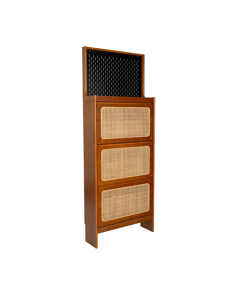 Slickblue Rattan Shoe Cabinet for Entryway with 3 Flip Drawers & Black Pegboard - Slim Freestanding Shoe Rack for Hallway