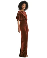 Women's Flutter Sleeve Open-Back Velvet Maxi Dress with Draped Wrap Skirt