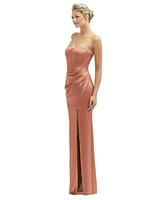After Six Women's Strapless Topstitched Corset Satin Maxi Dress with Draped Column Skirt