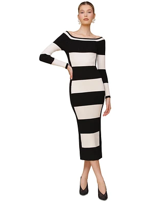 Avec Les Filles Women's Striped Rib-Knit Long-Sleeve Sweater Dress