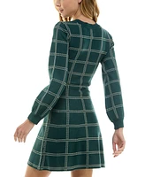 Crystal Doll Juniors' Windowpane Print Crewneck Long-Sleeve Sweater Dress