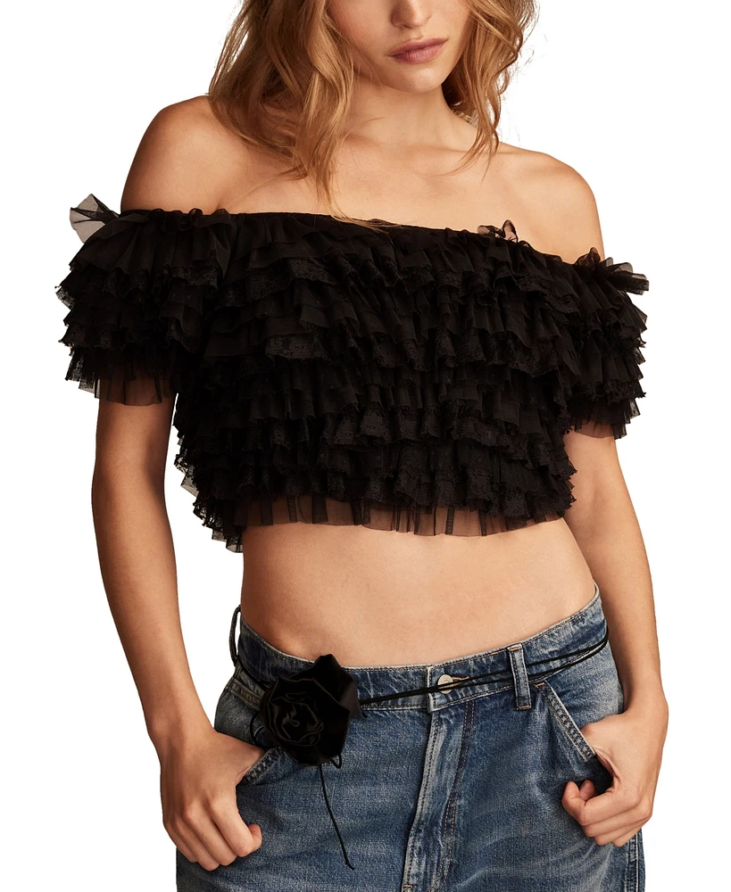 Lucky Brand Women's Layered Off-The-Shoulder Mesh Party Top