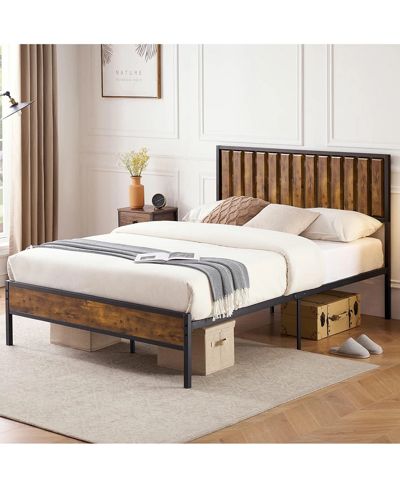 gaomon Full Size Bed Frame with Wood Headboard, Platform Metal Bed Frame Full with 14 Heavy Duty Steel Slats