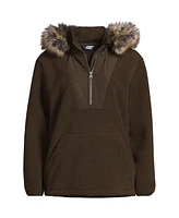 Lands' End Women's Hooded Half Zip Faux Fur High Pile Fleece Pullover