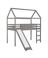 Slickblue Twin Loft Bed with Slide - Fun House Bed Design for Kids' Bedrooms, Perfect for Playtime and Sleepovers