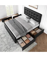 gaomon Queen Bed Frame with Headboard and 4 Storage Drawers, Platform Square Stitched Button Tufted