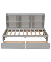 Slickblue Twin Bed with Side Bookcase and Drawers - Grey Finish for Stylish Storage and Space-Saving in Bedroom