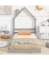 Slickblue Twin House-Shaped Floor Bed with Headboard and Handrails - Stylish Safe Sleeping Solution for Kids, Includes Slats