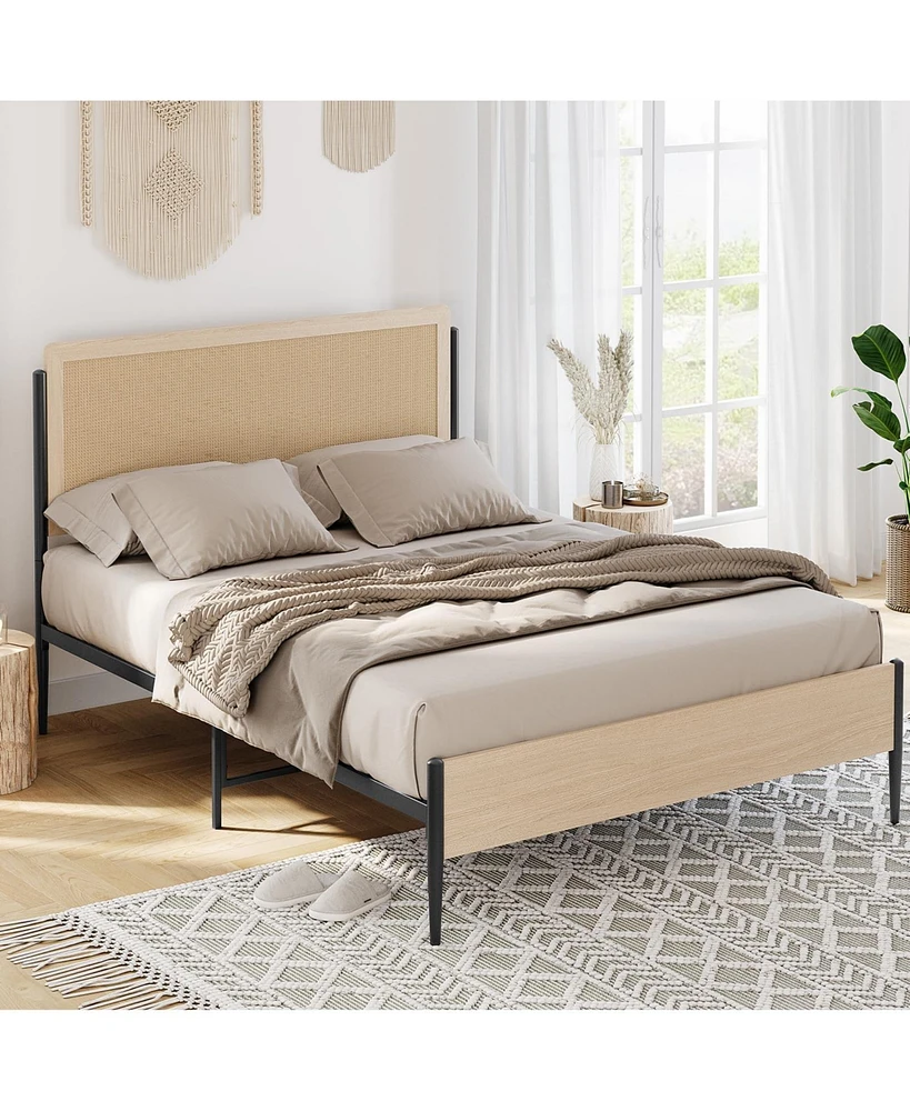 gaomon Queen Bed Frame with Rattan Headboard, Platform Bed with Strong Metal Slat Support