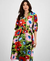 Sandra Darren Women's Floral-Print Split-Neck Midi Dress