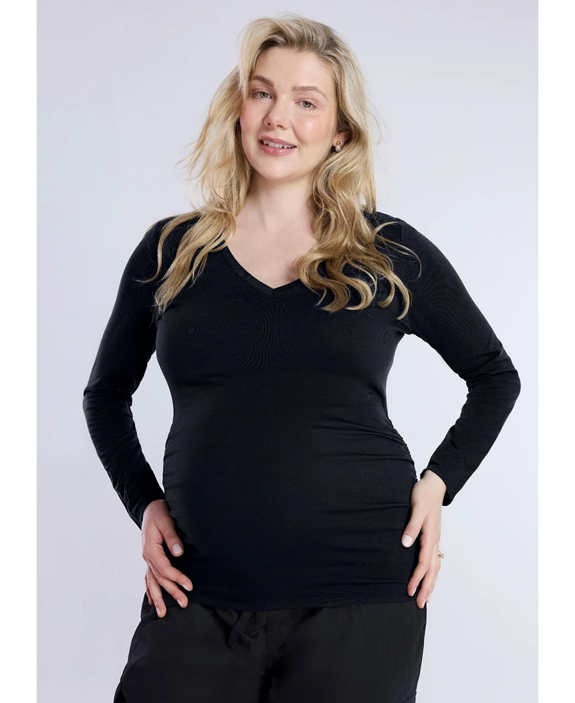 Motherhood Maternity V-Neck Side-Ruched Long Sleeve Tee