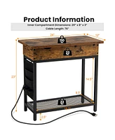 Gymax End Table with Charging Station Industrial Nightstand Flip Top Side Pocket Usb