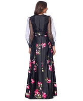 Betsy & Adam Women's Organza-Sleeve Floral Belted Gown