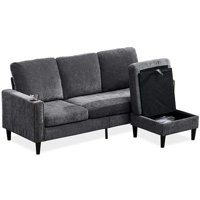 Modern Design Chenille 3 Seat L-Shape Sectional Sofa with Storage Chaise for Apartment, Studio, Office,Living Room,L shape-Dark Grey