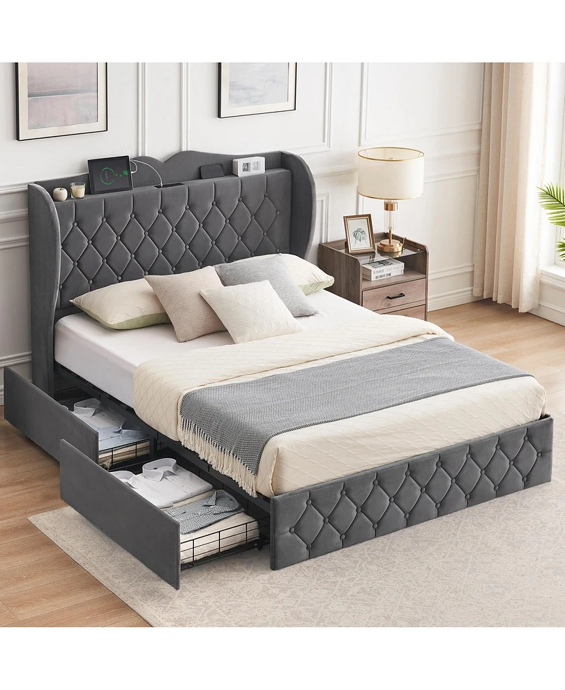 gaomon Full Size Grey Velvet Bed Frame with 4 Convenient Storage Drawers, Wingback Headboard with Charging Station