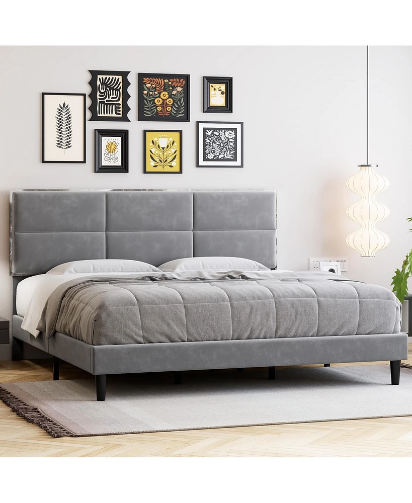 gaomon Bed Frame, King Bed Frame Upholstered Platform with Square Velvet Headboard