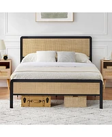 gaomon Queen Size Metal Bed Frame, Queen Size Bed Frame with Rattan Headboard