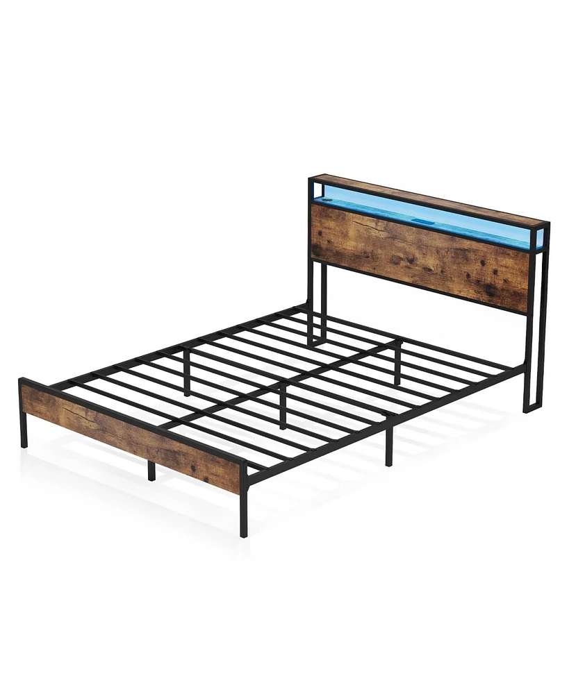 gaomon Queen Bed Frame with Wood Headboard, Platform Bed with Storage Charging Station, Led Lights, No Box Spring Needed, Heavy Duty Rustic Design wit