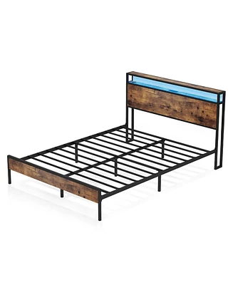 gaomon Queen Bed Frame with Wood Headboard, Platform Bed with Storage Charging Station, Led Lights, No Box Spring Needed, Heavy Duty Rustic Design wit