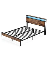 gaomon Queen Bed Frame with Wood Headboard, Platform Bed with Storage Charging Station, Led Lights, No Box Spring Needed, Heavy Duty Rustic Design wit