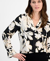 Anne Klein Women's Floral-Print V-Neck Cuffed Blouse