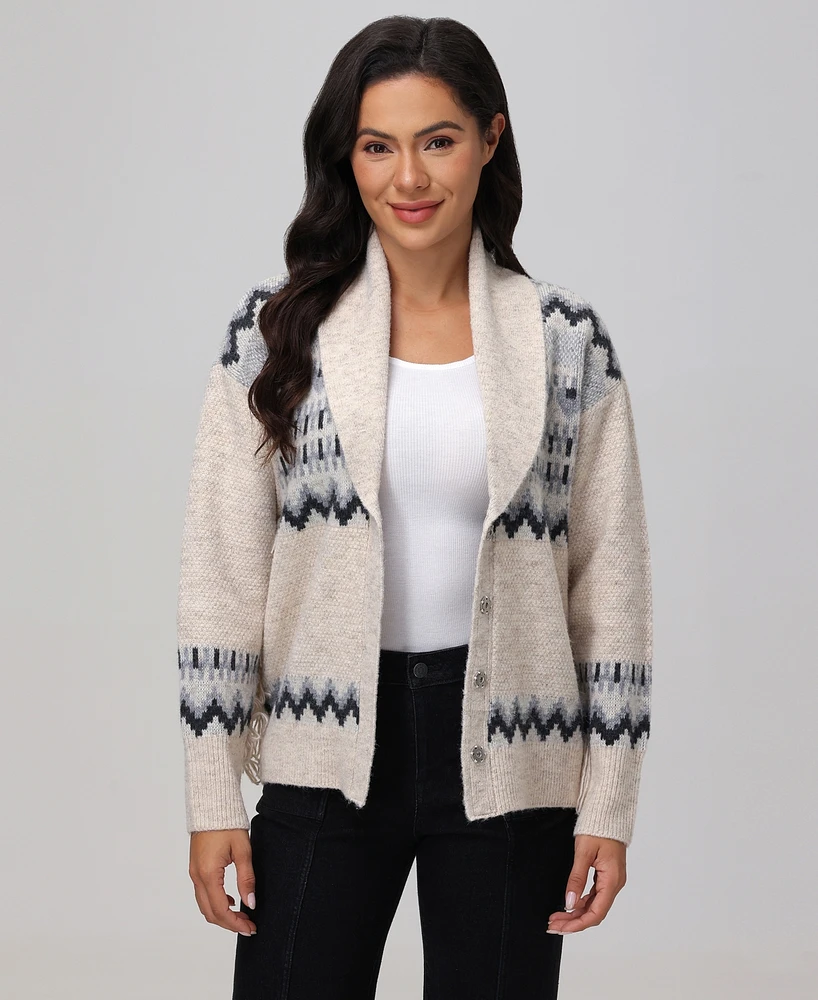 Frye Women's Fringe-Trim Fair Isle Shawl-Collar Cardigan