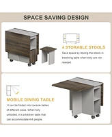 5 Pieces Folding Extendable Dining Table Set with 4 Chairs for 4 Peoples, 55'' Drop Leaf Wood Kitchen Dining Room Table Set with Storage and 6 Wheels