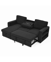 Streamdale Furniture Linen Upholstered Sleeper Sectional Sofa, Shaped Modular Convertible Sofa with Storage Chaise,There are two cup holders in the mi