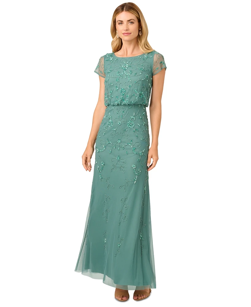 Adrianna Papell Women's Boat-Neck Short-Sleeve Beaded Blouson Gown