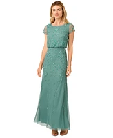 Adrianna Papell Women's Boat-Neck Short-Sleeve Beaded Blouson Gown