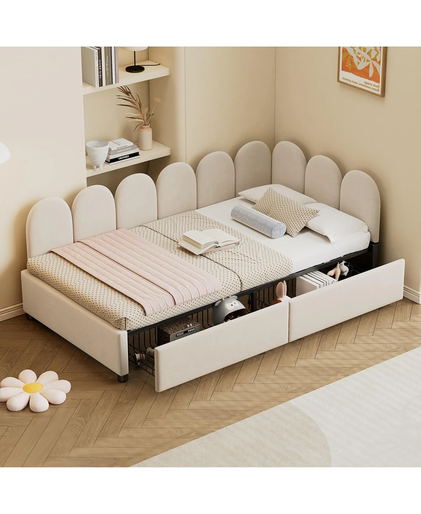 Streamdale Furniture Twin size Upholstered Daybed with 2 Drawers, Velvet Sofabed with Soft Fabric Headboard, No Box-spring Needed, Beige