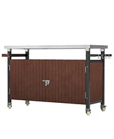 Outdoor Grill Cart with Stainless Steel Tabletop, Storage, Patio Kitchen Island with Wheels, Hooks, and Spice Rack, Waterproof Outdoor Grill Table, Mo