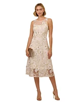 Adrianna Papell Women's Floral Embroidery Illusion Fit & Flare Midi Dress